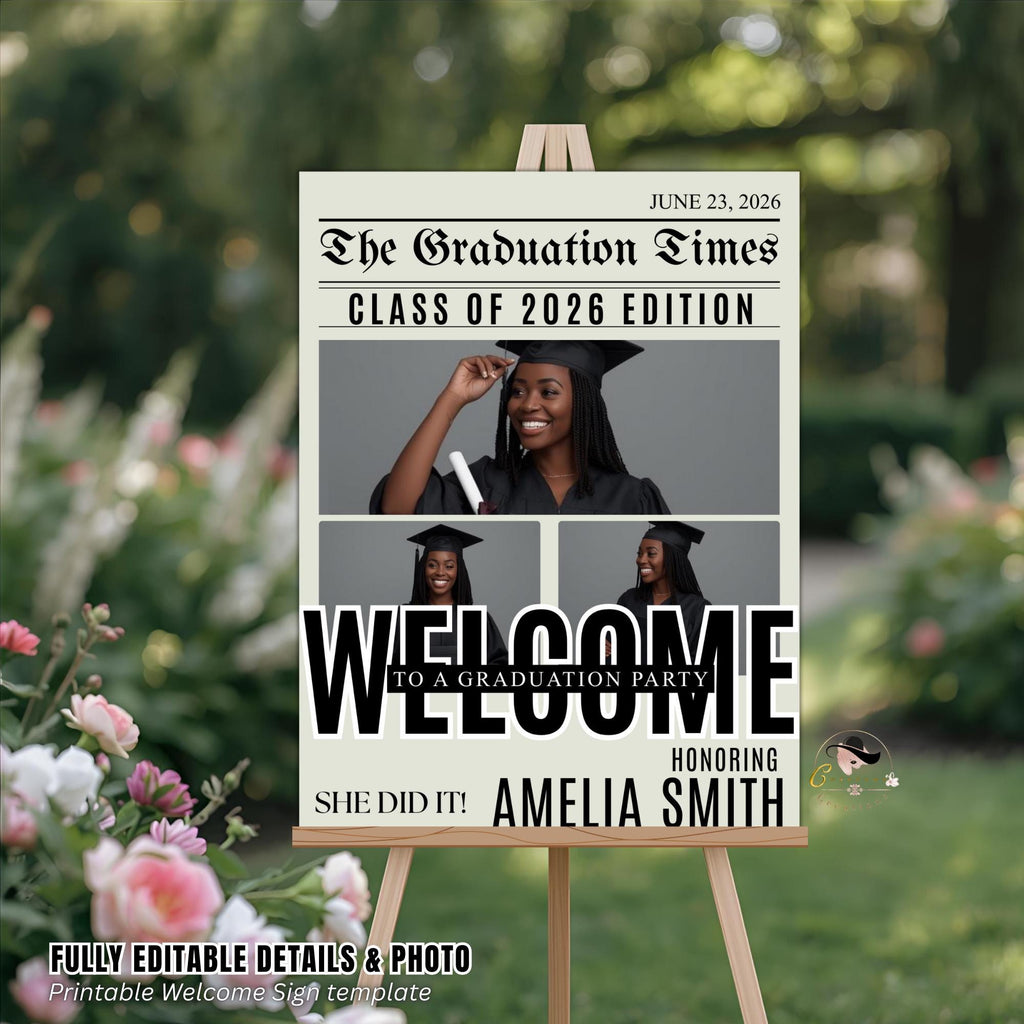 Newspaper Graduation Welcome Sign with photo, Senior Grad Party Announcement Poster Sign, University Graduates Board Sign Printable Template