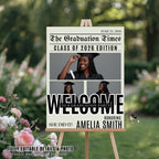 Newspaper Graduation Welcome Sign with photo, Senior Grad Party Announcement Poster Sign, University Graduates Board Sign Printable Template