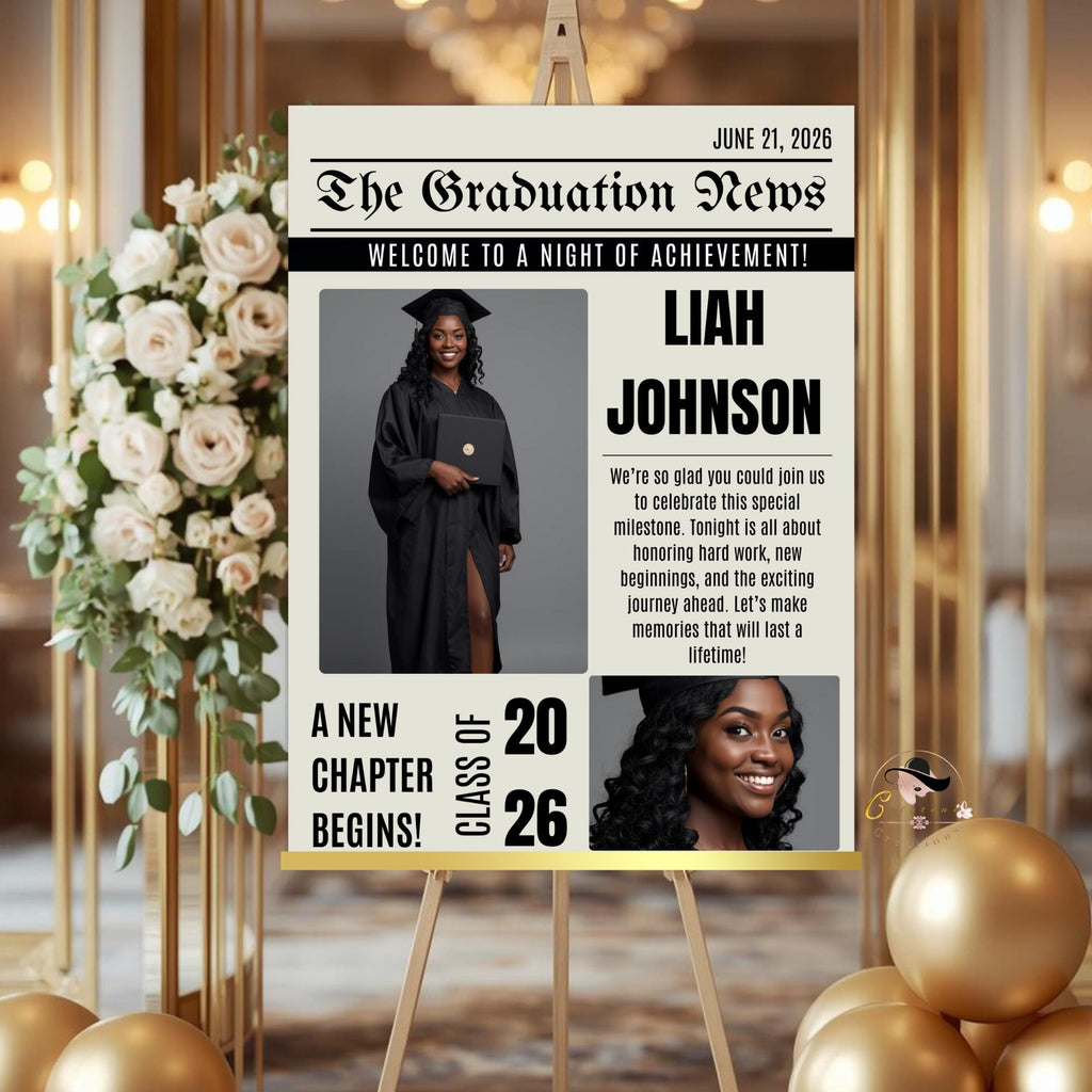 Newspaper Graduation Party Welcome Sign with photo, Senior Grad Announcement Poster Sign, Class of 2026 Commencement Sign Printable Template
