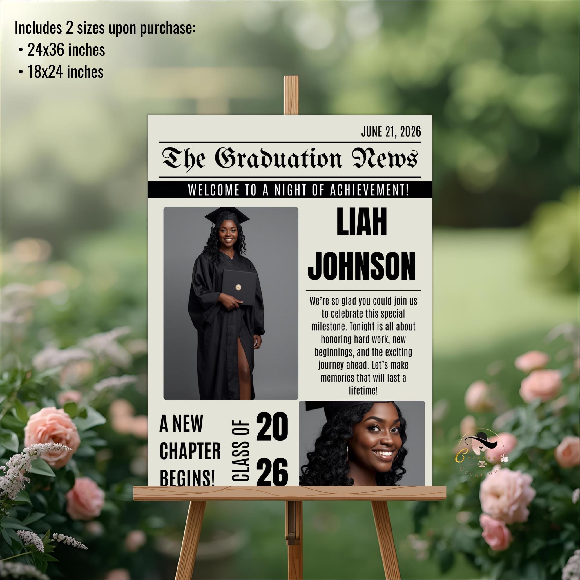 Newspaper Graduation Party Welcome Sign with photo, Senior Grad Announcement Poster Sign, Class of 2026 Commencement Sign Printable Template
