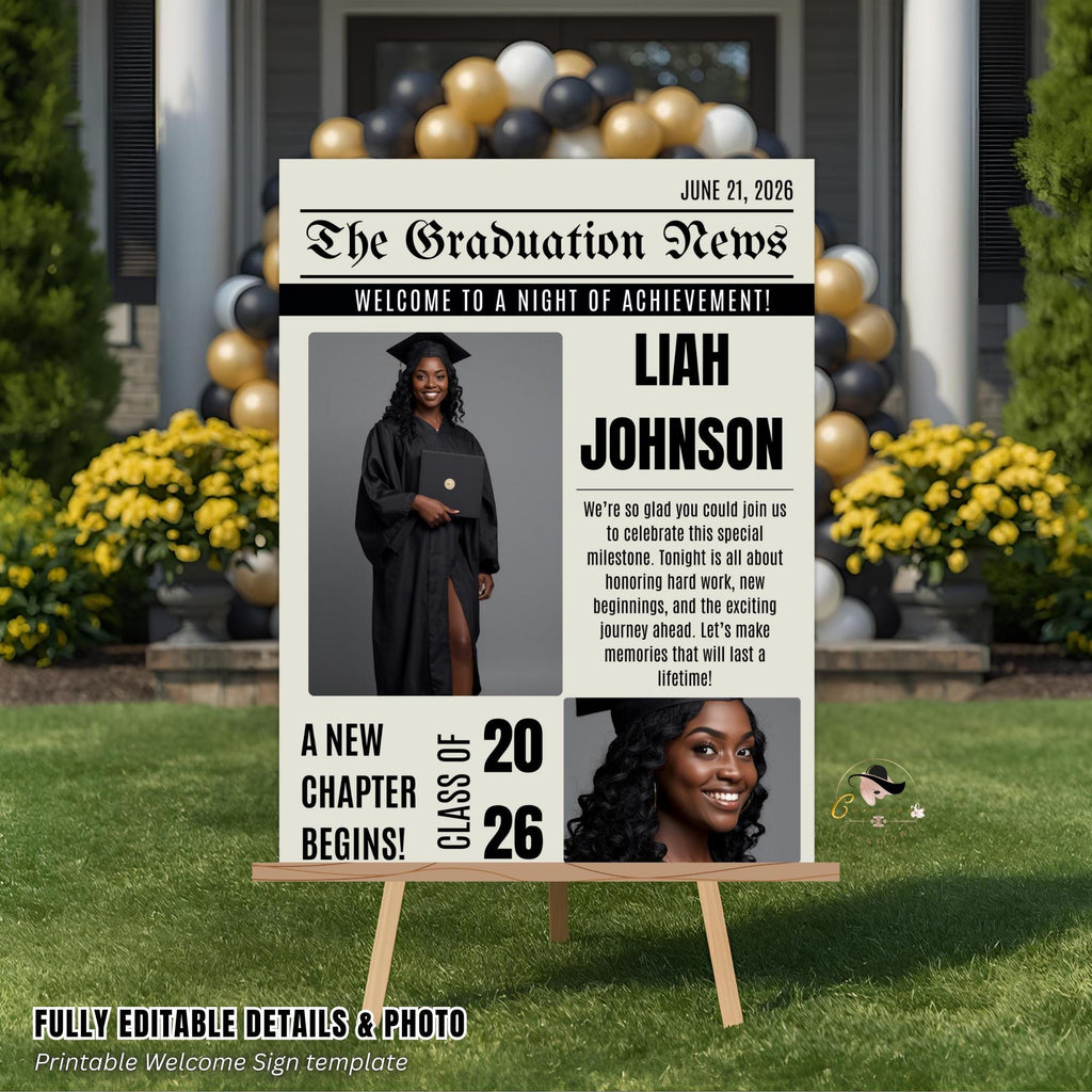 Newspaper Graduation Party Welcome Sign with photo, Senior Grad Announcement Poster Sign, Class of 2026 Commencement Sign Printable Template