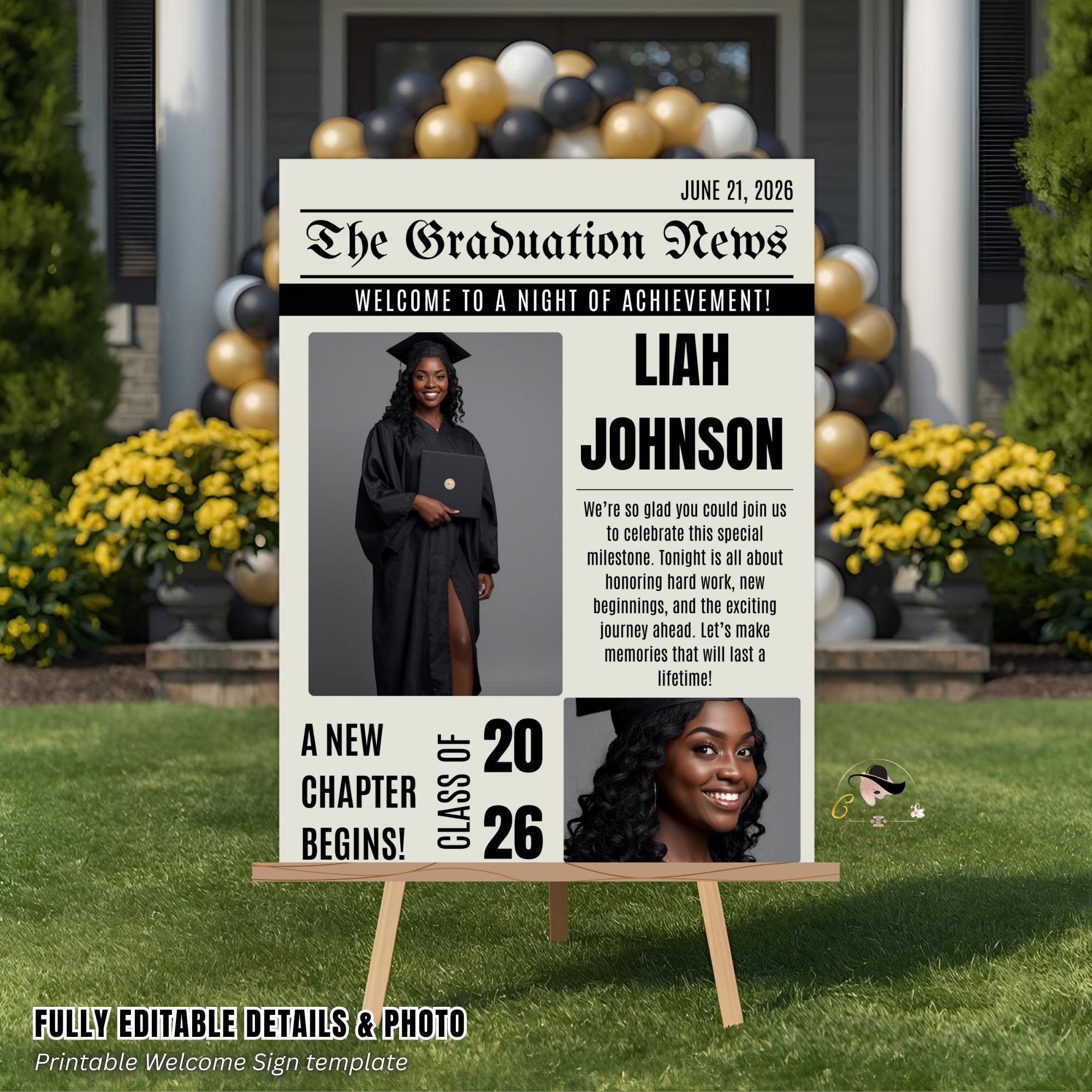 Newspaper Graduation Party Welcome Sign with photo, Senior Grad Announcement Poster Sign, Class of 2026 Commencement Sign Printable Template