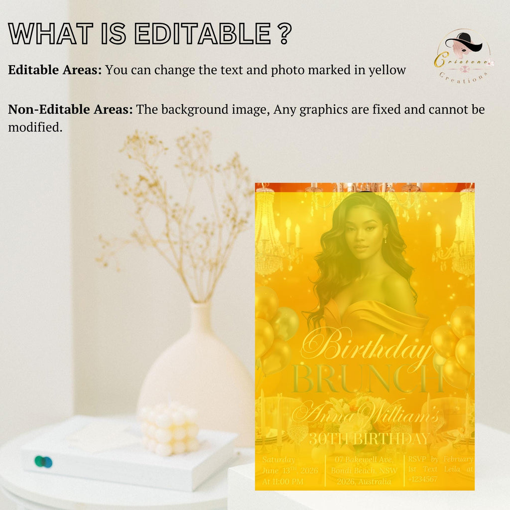 Orange Birthday Brunch Invitation with photo, Brunch and Bubbly invite, Woman Elegant Party invite, Retirement Brunch, Let's Brunch Template