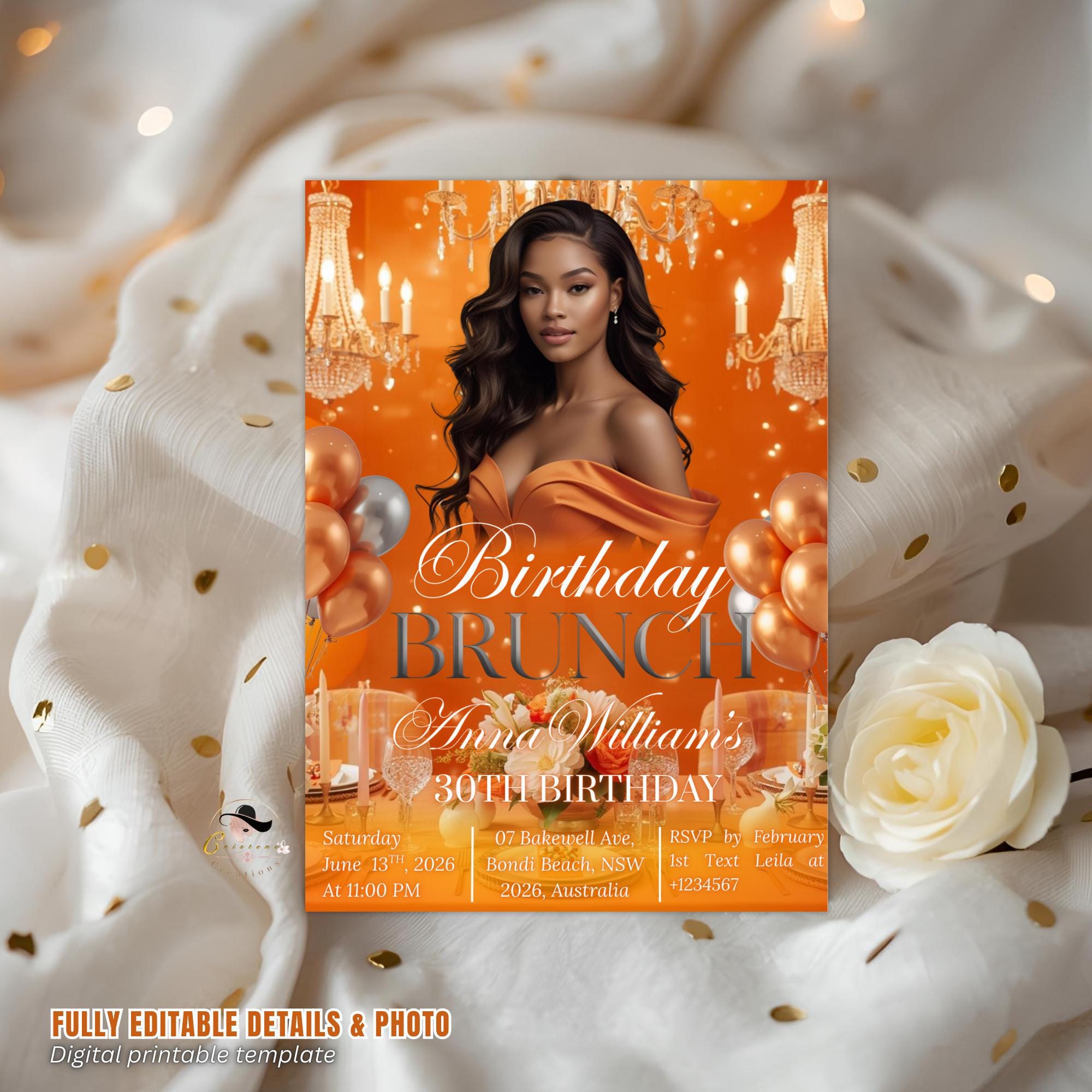 Orange Birthday Brunch Invitation with photo, Brunch and Bubbly invite, Woman Elegant Party invite, Retirement Brunch, Let's Brunch Template