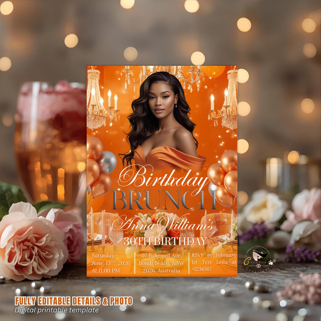 Orange Birthday Brunch Invitation with photo, Brunch and Bubbly invite, Woman Elegant Party invite, Retirement Brunch, Let's Brunch Template