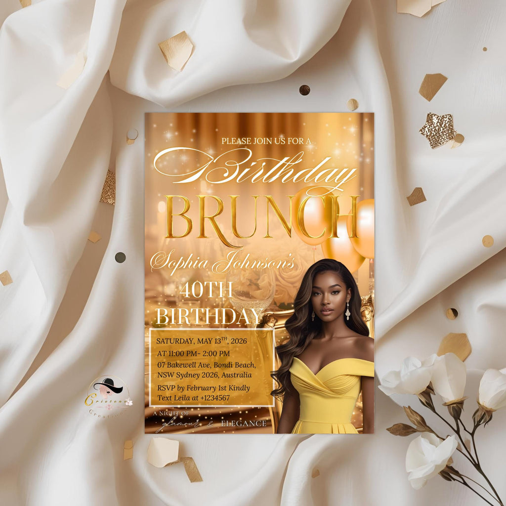 Yellow Gold Birthday Brunch Invitation with photo, Brunch and Bubbly invite, Woman Elegant Party invite,  Retirement Brunch Flyer Template