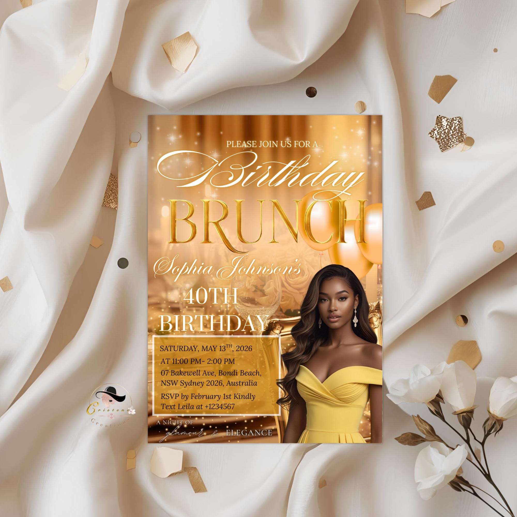 Yellow Gold Birthday Brunch Invitation with photo, Brunch and Bubbly invite, Woman Elegant Party invite,  Retirement Brunch Flyer Template