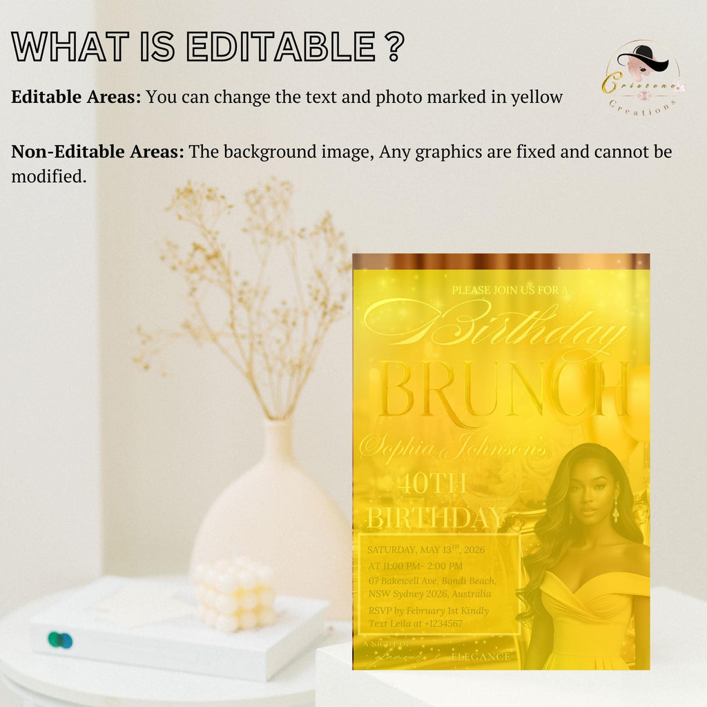 Yellow Gold Birthday Brunch Invitation with photo, Brunch and Bubbly invite, Woman Elegant Party invite,  Retirement Brunch Flyer Template