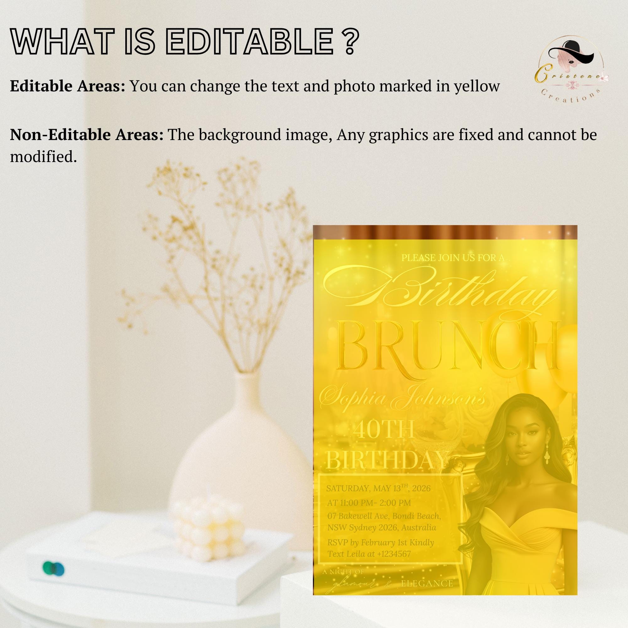 Yellow Gold Birthday Brunch Invitation with photo, Brunch and Bubbly invite, Woman Elegant Party invite,  Retirement Brunch Flyer Template
