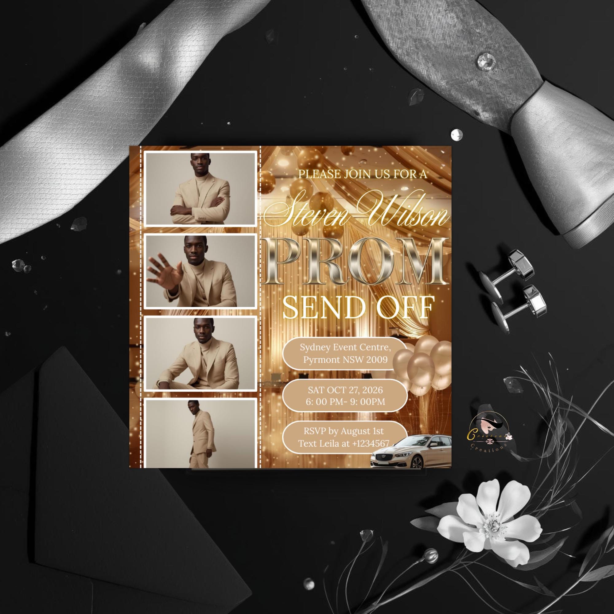 Beige Prom Send Off Invitation with photo, Teen Boy Prom Night invite, Editable Senior Ball Party and Junior Prom Hollywood Flyer Template