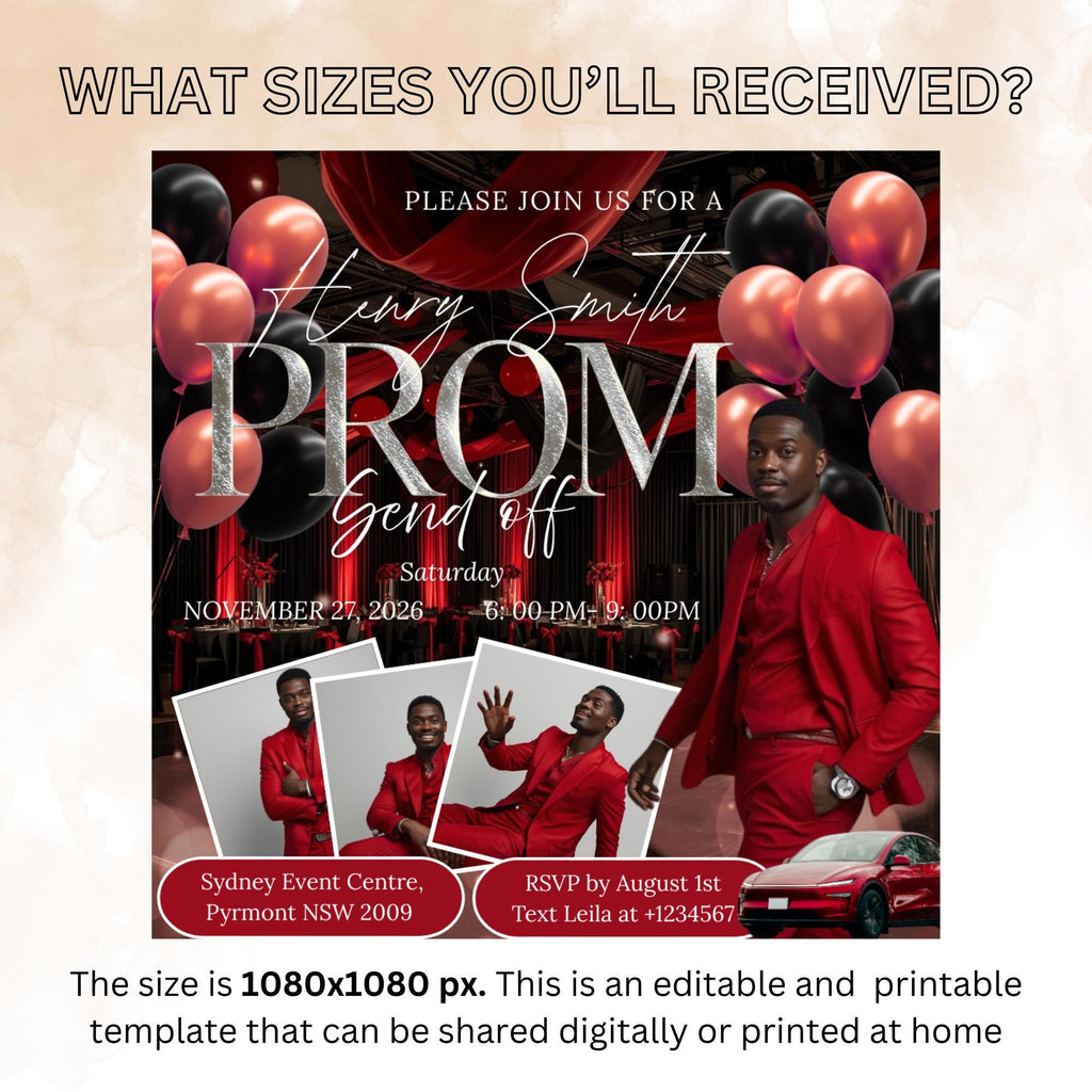 Black Red Prom Send Off Invitation with photo, Men Prom Night invite, Editable Senior Ball Party and Junior Prom Red Carpet Flyer Template
