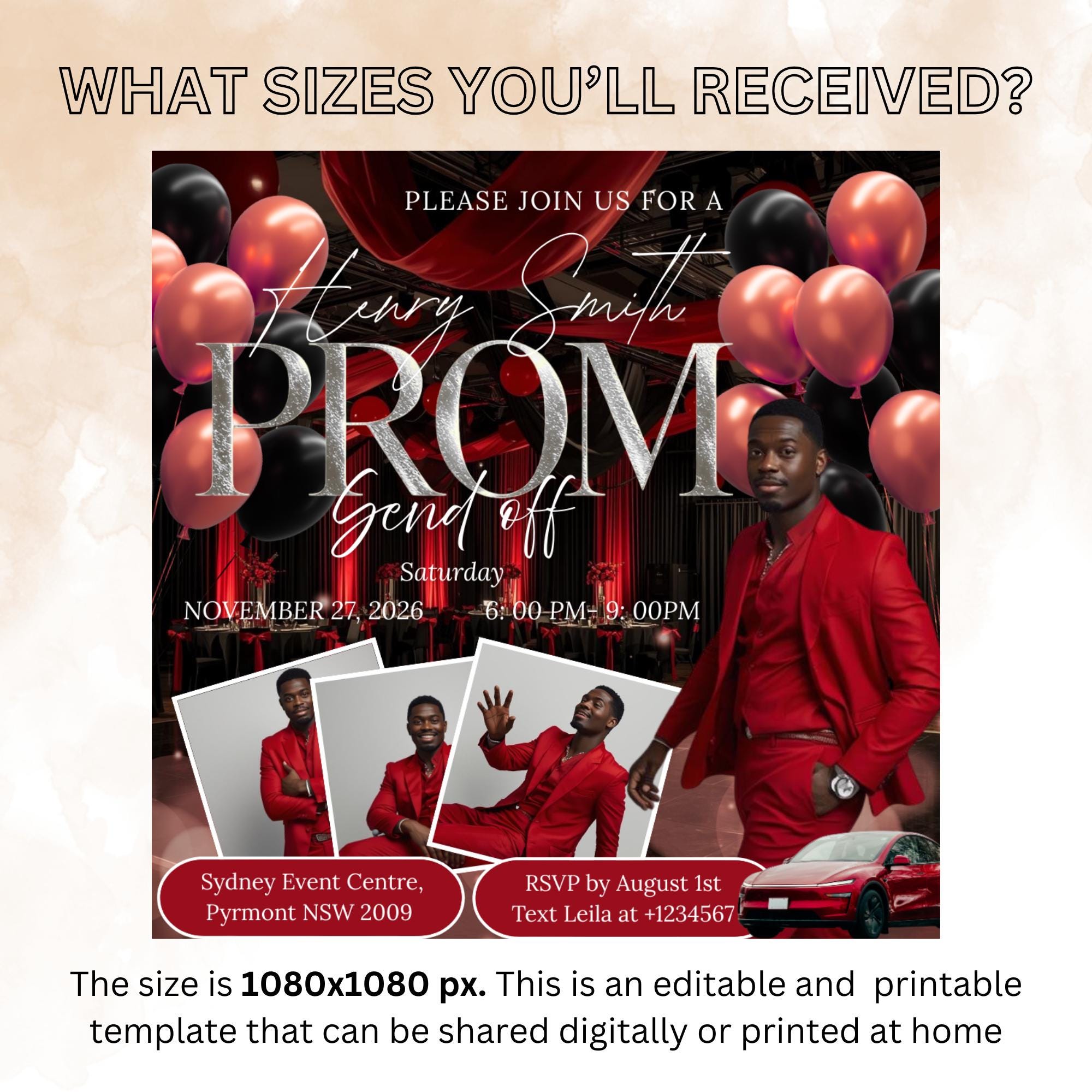 Black Red Prom Send Off Invitation with photo, Men Prom Night invite, Editable Senior Ball Party and Junior Prom Red Carpet Flyer Template