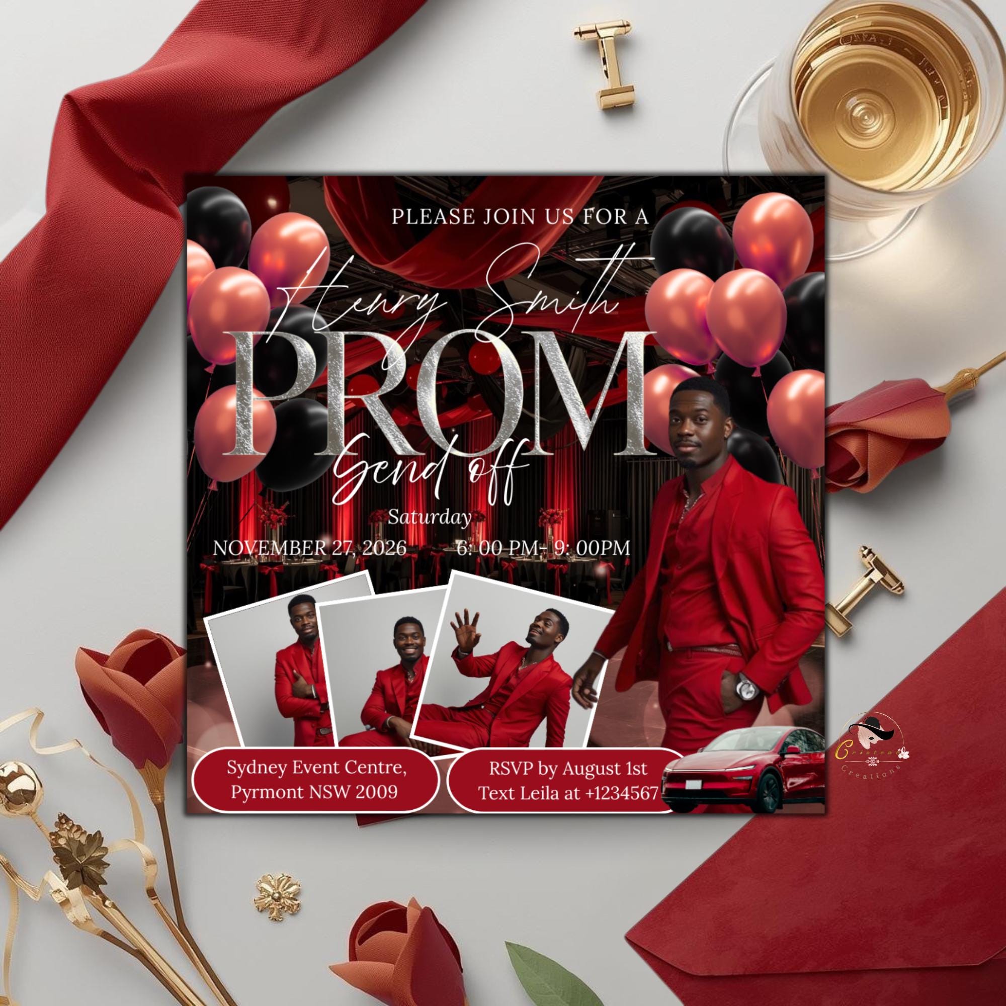 Black Red Prom Send Off Invitation with photo, Men Prom Night invite, Editable Senior Ball Party and Junior Prom Red Carpet Flyer Template