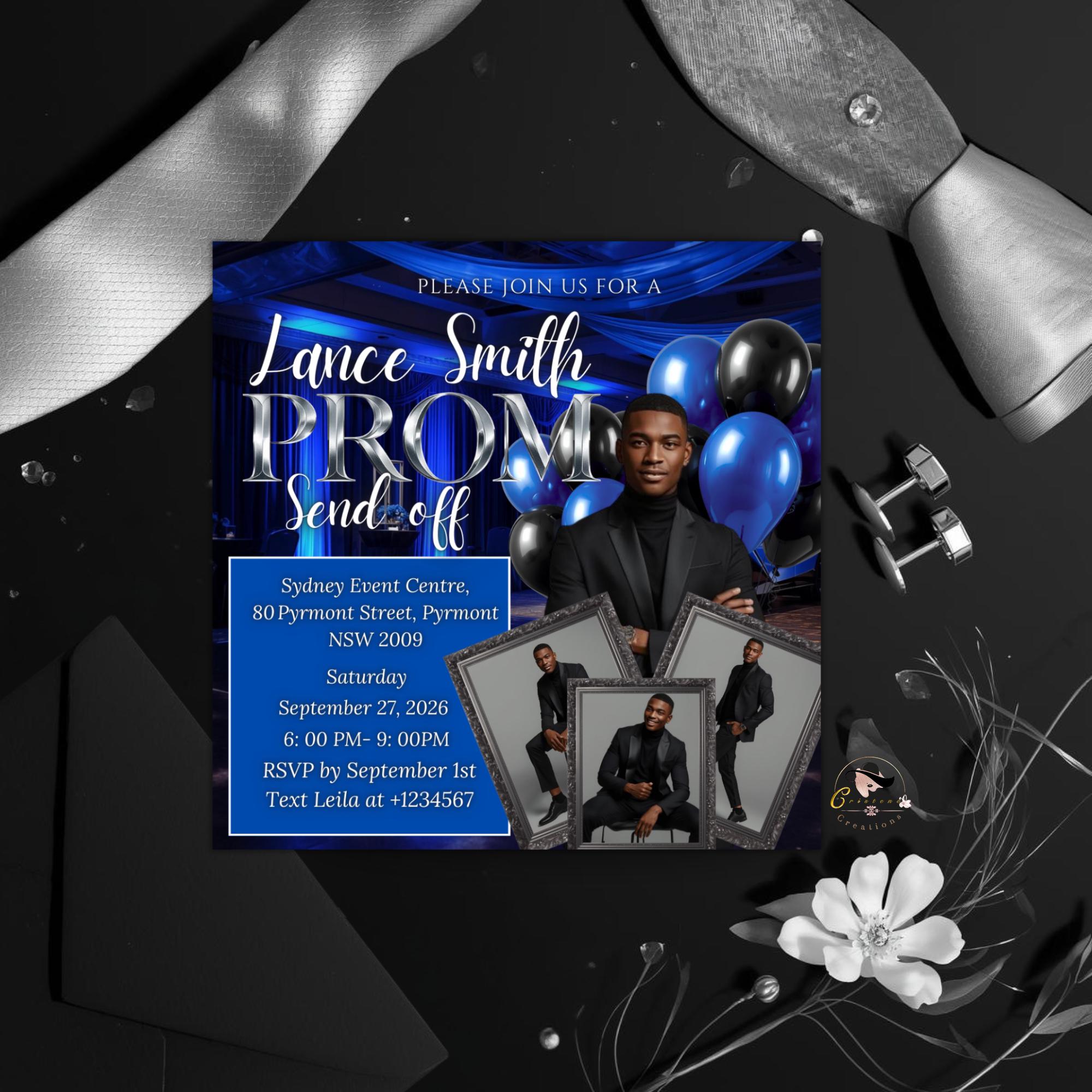 Blue Prom Send Off Invitation with photo, Men Prom Night invite, Editable Senior Ball Party and Male Junior Prom Red Carpet Flyer Template