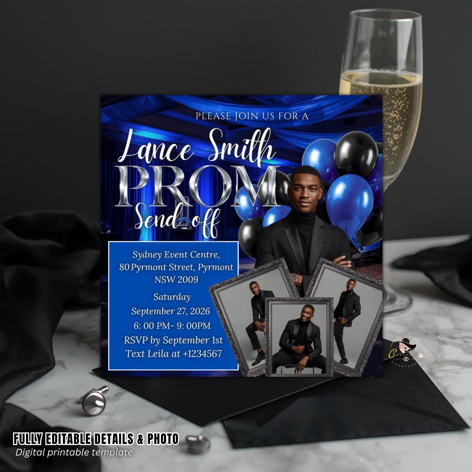 Blue Prom Send Off Invitation with photo, Men Prom Night invite, Editable Senior Ball Party and Male Junior Prom Red Carpet Flyer Template