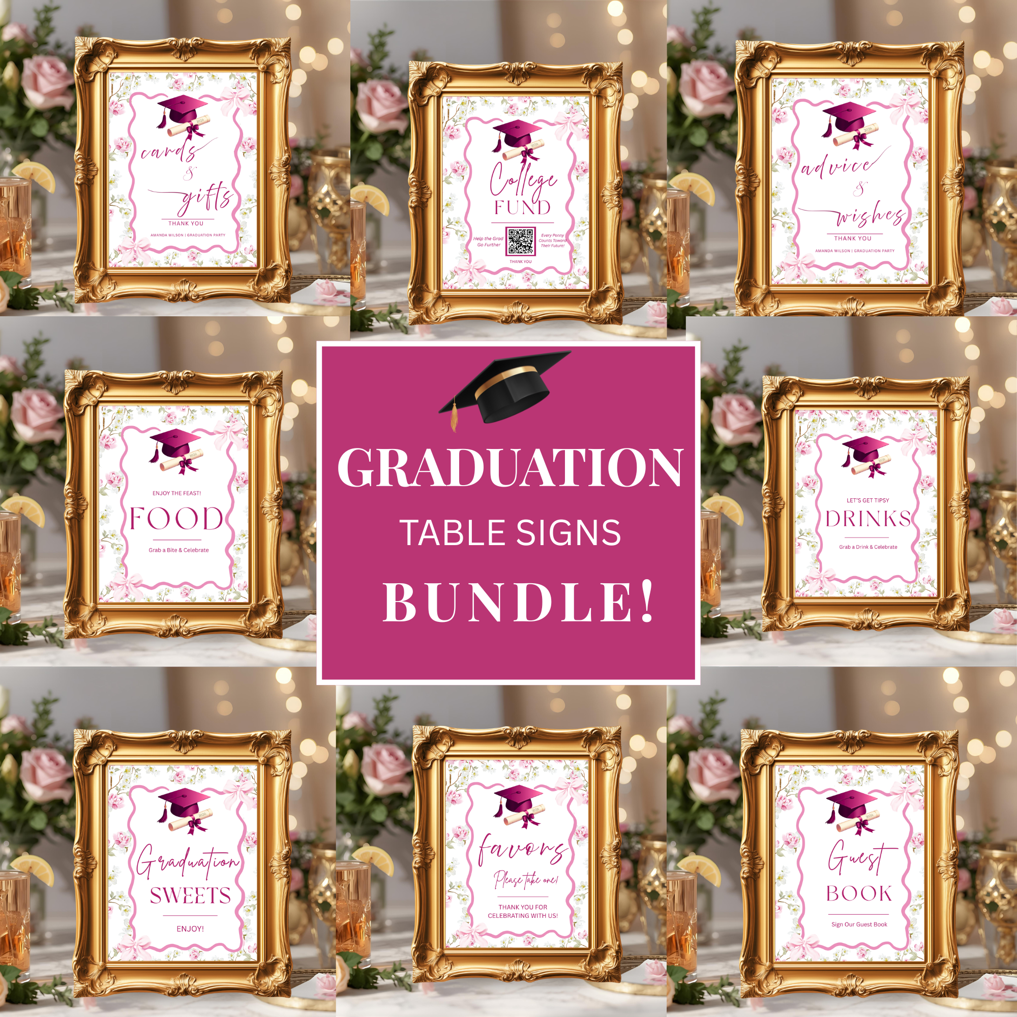 Wildflower Graduation Table Signs Bundle, Woman Senior Grad Favor sign, Dessert Sign, Pink Coquette Graduates Party Decor Printable Template