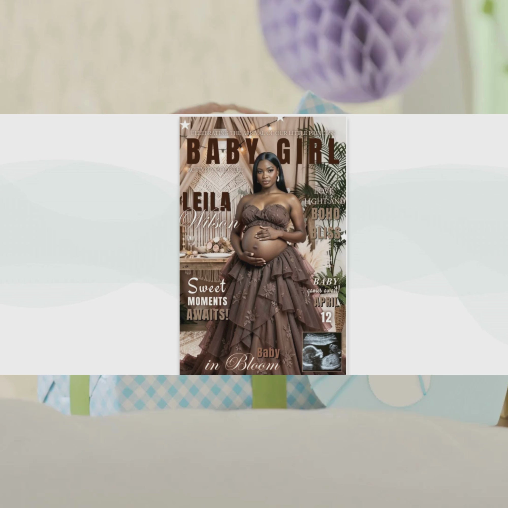Boho Baby Shower Activity Booklet, Brown Bohemian Games Bundle Spring Pampas Grass Theme with photo, Girl Boy Printable Party Decor Template