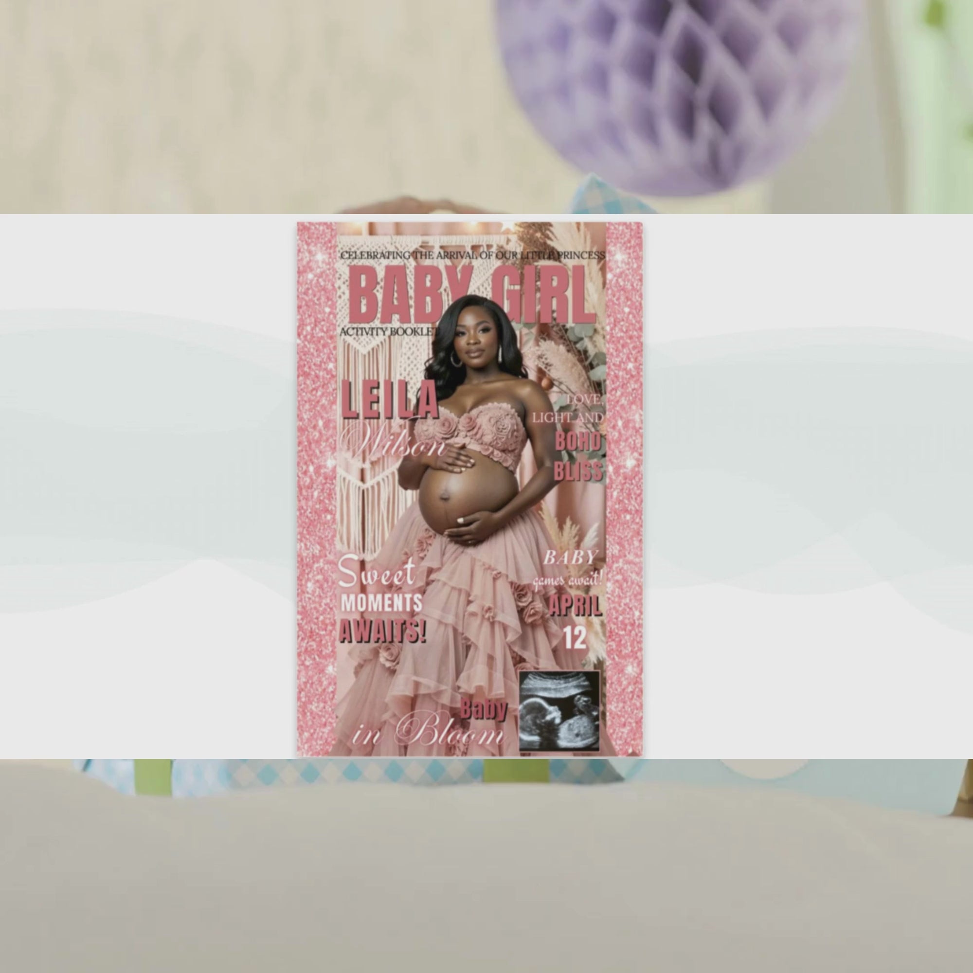 Pink Boho Baby Shower Activity Booklet, Bohemian Games Bundle, Spring Pampas Grass Theme with photo, Girl Printable Party Decor Template