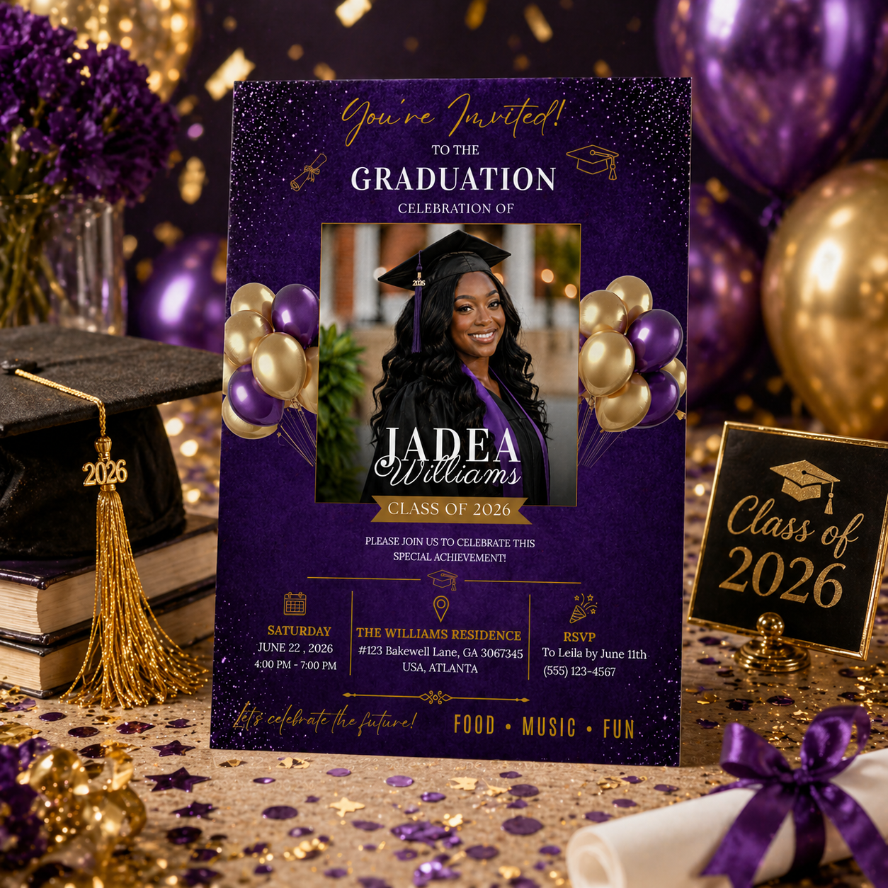 Purple Graduation Announcement Invitation with Photo, Class of 2026 Grad Party Invite for Him and Her High School College Editable Printable