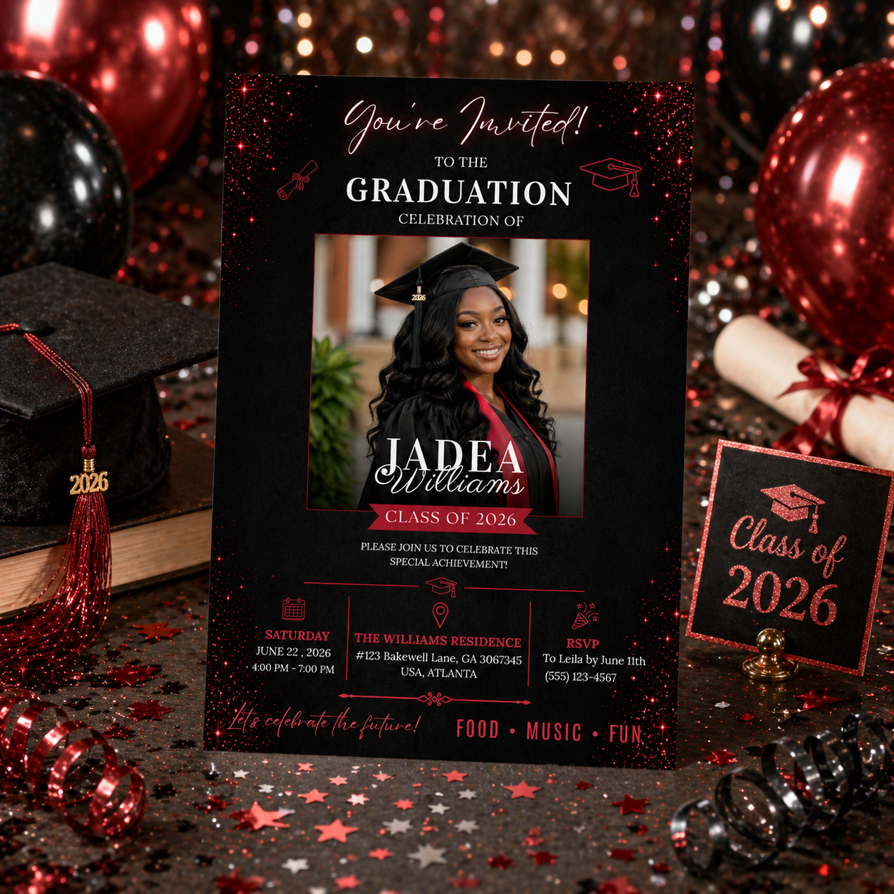 Graduation Invitation with Photo, Class of 2026 Grad Party Invite for Him and Her, High School College Red Editable Canva Printable Template